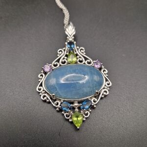 S/S Filigree Pendant Necklace with Blue Center And Multicolor Accent Stones